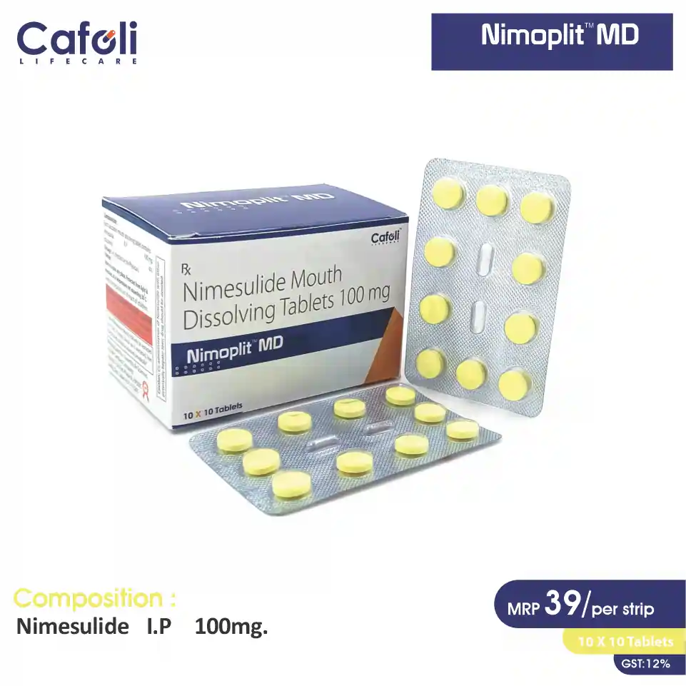 Nimesulide 100mg MD Tablet at the best price in PCD Pharma Franchise for NSAID, Pain Relief, and Anti-inflammatory.